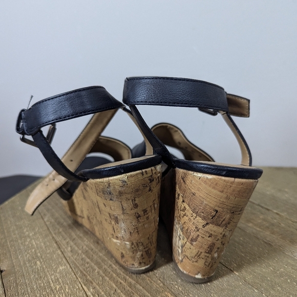 Franco Sarto Black Leather Cork Wedge Sandals Women’s 7 Ankle Strap Platform - Picture 4 of 7